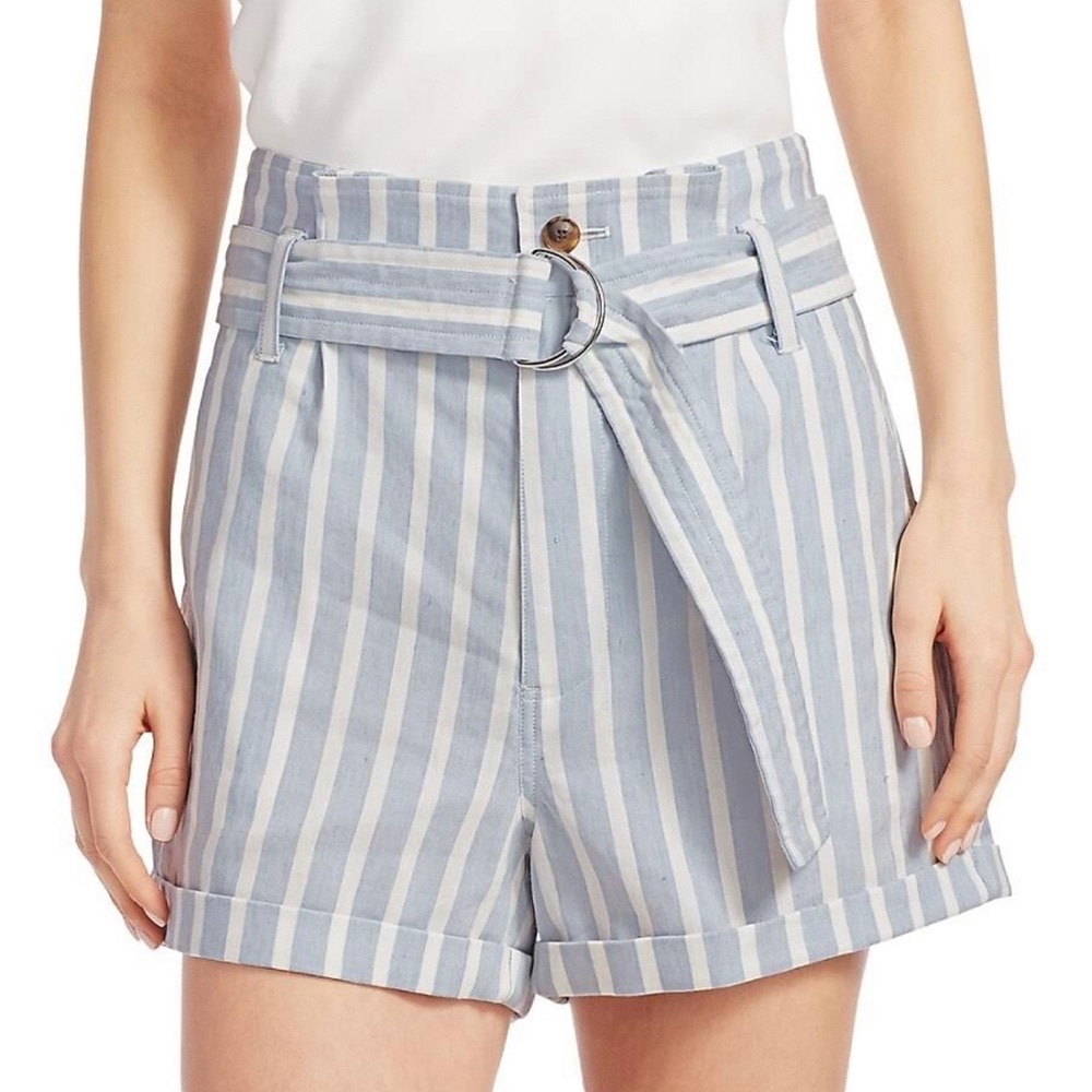 Frame Denim Light Blue & White Striped High-Waist Belted Shorts